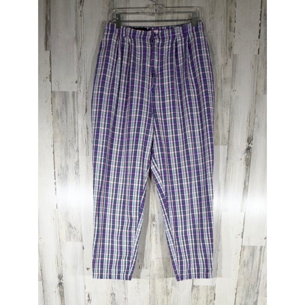 Eddie Bauer Vintage Seersucker Pants 30x27 Plaid Pleated High Rise Tapered READ